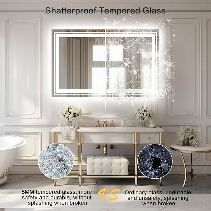 WTTY LED Bathroom Mirror 40"x36" with Back and Front Light,Modern LED Mirror for Bathroom,Stepless Dimmable Lighted Bathroom Vanity Mirror with Anti-Fog,Memory Function,Shatter-Proof