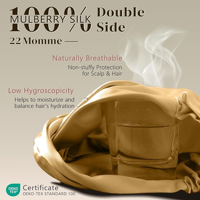 ZIMASILK 22 Momme 100% Mulberry Silk Bonnet for Sleeping & Women Hair Care, Highest Grade 6A Silk Hair wrap for Sleeping with Premium Elastic Stay On Head (1Pc, Golden)