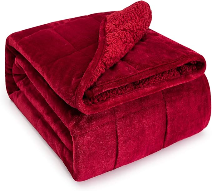 Wemore Sherpa Fleece Weighted Blanket for Adult, 15 lbs Dual Sided Cozy Fluffy Heavy Blanket, Ultra Fuzzy Throw Blanket with Soft Plush Flannel Top, 80 x 87 inches, Burgundy on Both Sides
