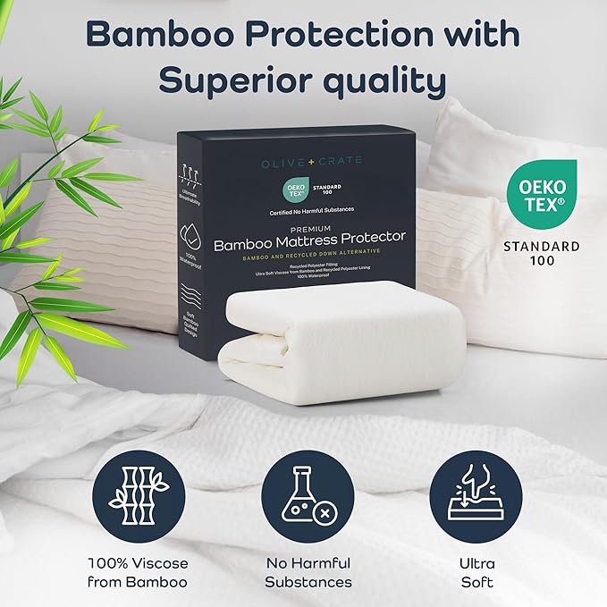 Olive + Crate 100% Viscose Bamboo Mattress Protector - Eco-Concious Cooling Mattress Cover - Waterproof Hypoallergenic Protection - Breathable Queen Size Shield Against Dust & Spills