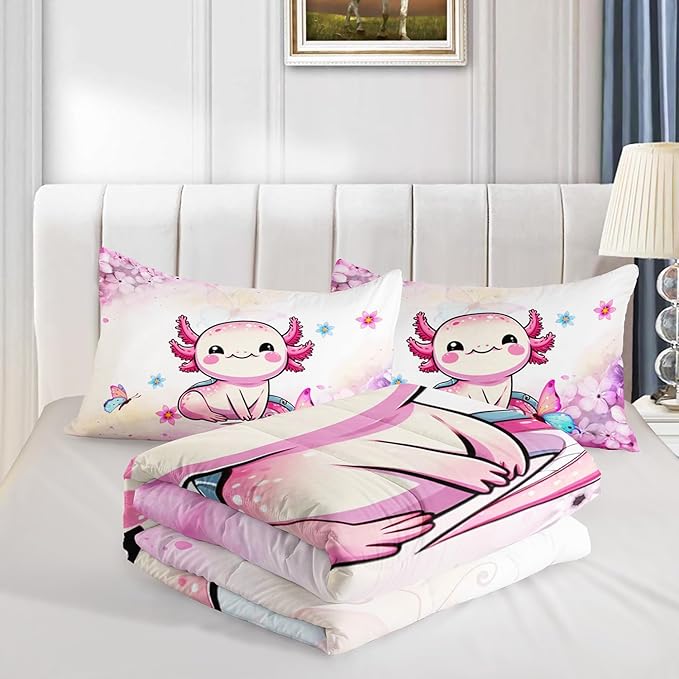 Cartoon Axolotl Comforter Kids Bedding Set,Axolotl Flower Butterfly Bedding Twin Size for Boys Girls Room Kawaii Decor,Pink Toddler Comforter Sets with 2 Pillowcases.