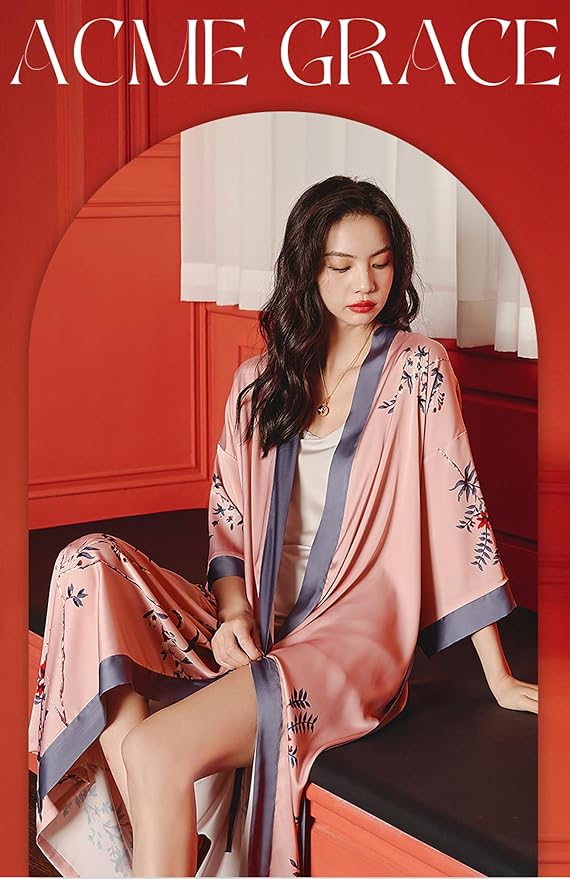 Silk Satin Robe for Women Long Japanese Kimono Robe Lightweight Soft Bathrobe Floral Luxury Dressing Gown