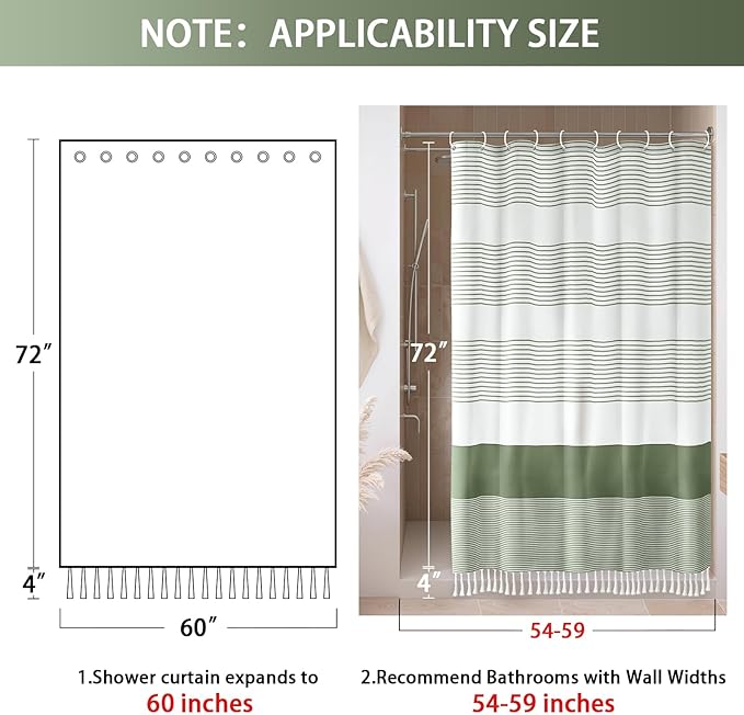 Awellife Sage Green Shower Curtain for Bathroom Stripe Tassel Shower Curtain 60 X 72 Inches Farmhouse Cotton Stall
