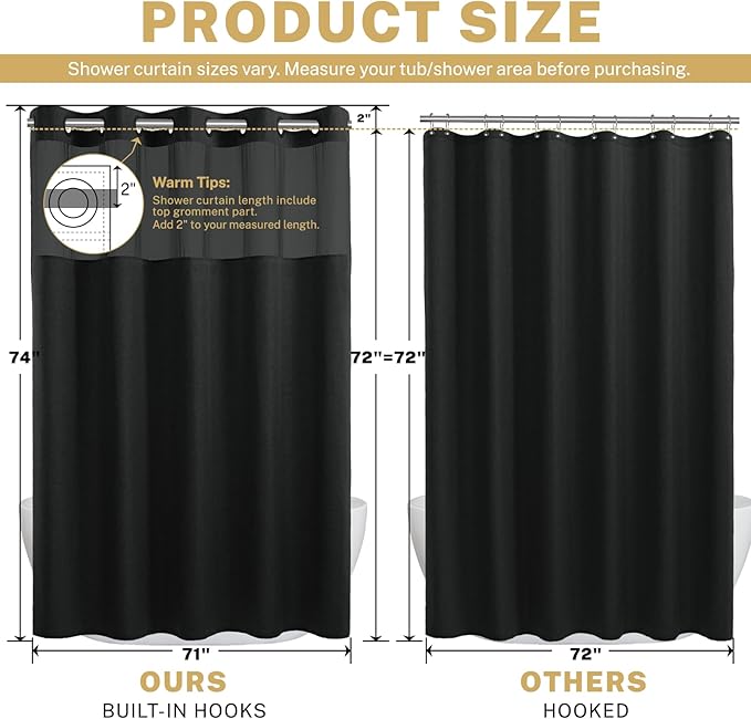 No Hook Shower Curtain with Snap in Liner, Polyester Textured Shower Curtain with Liner Set, Waterproof Washable Hotel Style Shower Curtains for Bathroom, 71Wx74H, Black