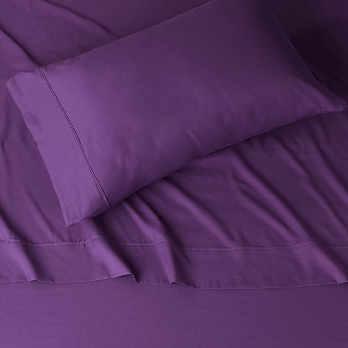 Amazon Basics 3 Piece Lightweight Super Soft Easy Care Microfiber Bed Sheet Set with 14" Deep Pockets - Twin, Plum-4 Pack, White, Solid