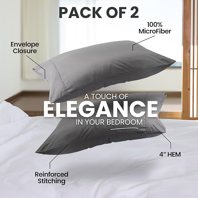 Pillow Covers by Utopia Bedding - King Size 2-Pack – Soft Brushed Microfiber – Perfect for Hospitals, Hotels, Guest Rooms – Oeko-TEX Certified, 20x40 Inches (Grey)