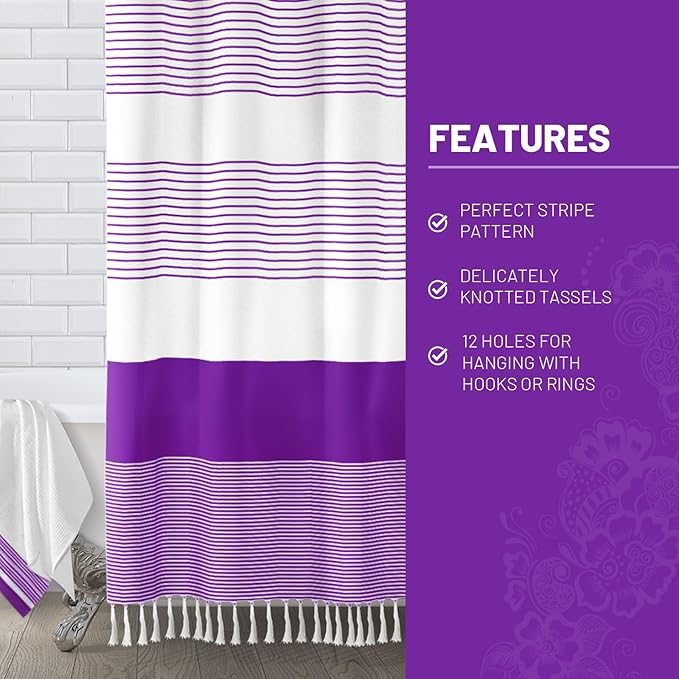 Awellife Boho Purple Shower Curtain for Bathroom Stripe Tassel Shower Curtain 72 X 72 Inches Farmhouse Cotton
