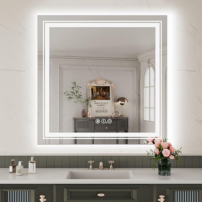 WTTY LED Bathroom Mirror 32"x32" with Backlit and Front Light,Stepless Dimmable LED Mirror for Bathroom,Anti-Fog Lighted Bathroom Vanity Mirror Modern for Wall,Memory Function,Shatter-Proof