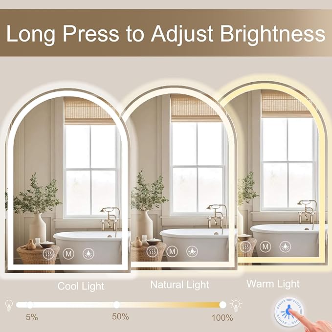 LED Bathroom Mirrors with Lights 32"x48" Arched Mirror for Wall,led Vanity Mirror, Anti-Fog,LED Mirrors with Front Light and Backlit, Anti-Fog, Dimmable, 3 Color, Shatterproof, Touch Sensor
