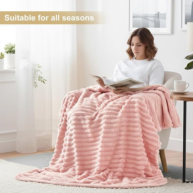 decorUhome Christmas Soft Fleece Pink Throw Blanket for Couch, Cozy Fluffy Plush Flannel Striped Blanket for Sofa Bed, Lightweight Decorative Ribbed Fuzzy Blanket for Woman, 50x60 Inches