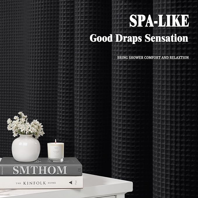 Stall Waffle Shower Curtain - Black Cotton Fabric Texture Heavyweight Shower Curtain for Narrow Bathroom,Washable,36Wx72L