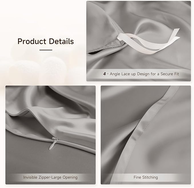 THXSILK 100% Pure Mulberry Silk Duvet Cover Set 3 Piece, 6A+ Grade Luxury Soft Bedding Silk Sheets for Hair and Skin, 1 Pcs Duvet/Quilt/Comforter Cover with 2 Zippered Pillowcases (Grey, King)