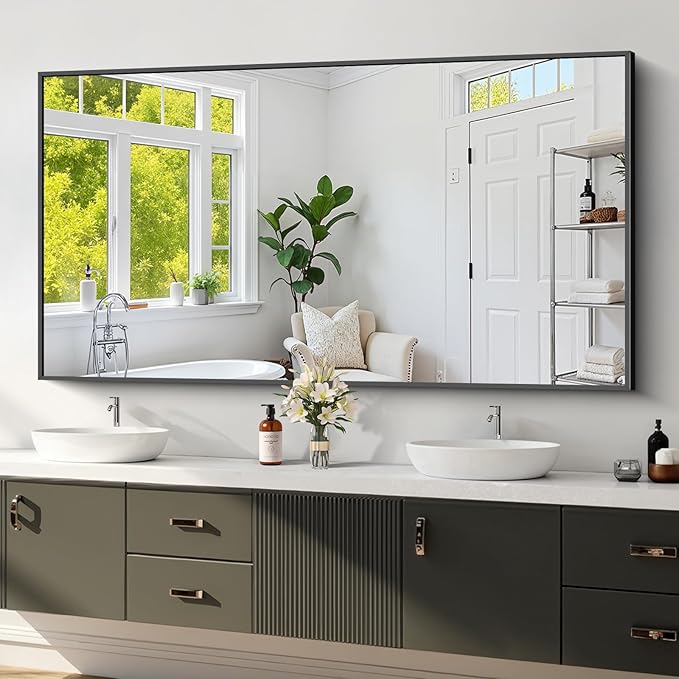 Koonmi Black Framed Bathroom Mirror - Shatterproof 30"x60" Tempered Glass, HD No Distortion, Horizontal/Vertical Mount, Modern Matte Aluminum Alloy Frame