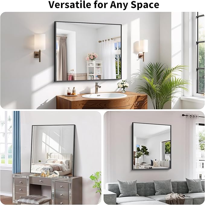 Koonmi Black Framed Bathroom Mirror - Shatterproof 30"x36" Tempered Glass, HD No Distortion, Horizontal/Vertical Mount, Modern Matte Aluminum Alloy Frame