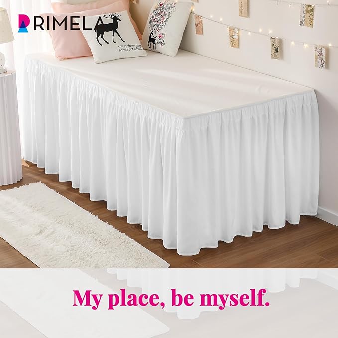 RIMELA Dorm Bed Skirt Twin XL 46 Inch Drop, Easy to Install Extra Long Wrap Around Elastic Dust Ruffle, White Bedskirt Solid Silky Fabric Machine Washable (Twin XL 80“L x 39”W & Twin 75“L x 39”W)