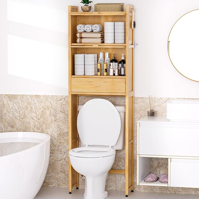 Over The Toilet Storage Shelf with Drawer, Above Bamboo Bathroom Organizer Cabinet with Anti-Tip and Waterproof Feet Pad Design, Freestanding Shelf for Bathroom (Bamboo)