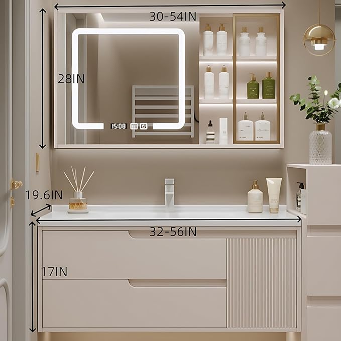 Cream Grey Sophisticated Bathroom Vanity - Bathroom Vanity with Smart Storage & Mirror Cabinet, Defogging, LED Light | Wall-Mounted Bathroom Storage Cabinet & Bathroom Vanity with Sink (Cream, 44IN)