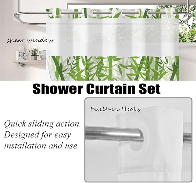Bamboo Shower Curtain No Hooks with Snap-in Liner,Spring Bamboo Shower Curtains,Watercolor Fabric Green Shower Curtain Set,with See Through Top Window for Bathroom Decor,71 x 74 Inch