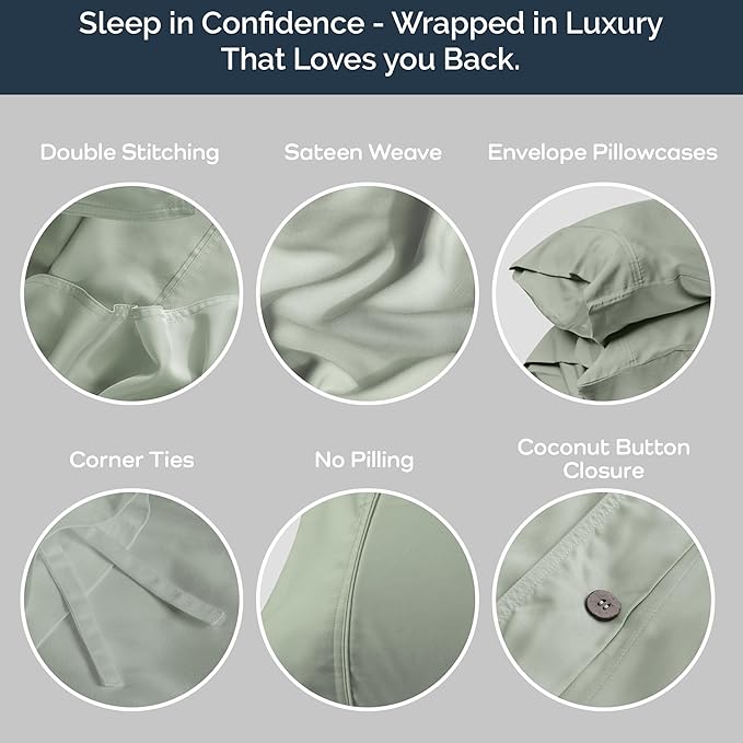 Olive + Crate Tencel Eucalyptus Cooling Duvet Cover Set - Hypoallergenic, Lyocell Tencel Duvet Cover - Soft, Temperature Regulating with Hidden Button Closure & Corner Ties - King Size [Spring Sage]