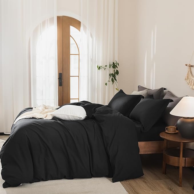 Black Duvet Cover Super Queen Size 100% Washed Cotton Bedding Set Cover 1 Duvet Cover with Zipper Closure and 2 Pillowcases, 98inch x 90inch