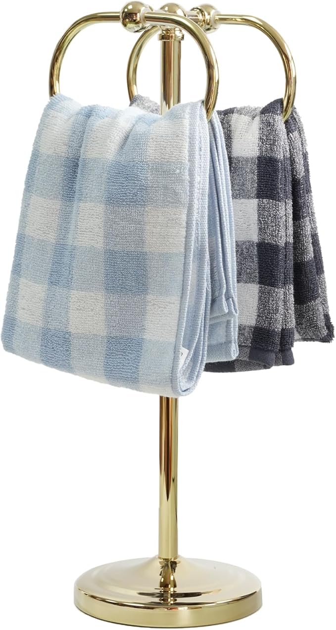 17 Inch Stainless Steel Hand Towel Holder Double Stand Hand Towel Ring for Washcloths or dishcloths Non-Slip Base Free Standing Towel Rack for Bathroom Kitchen (Gold)