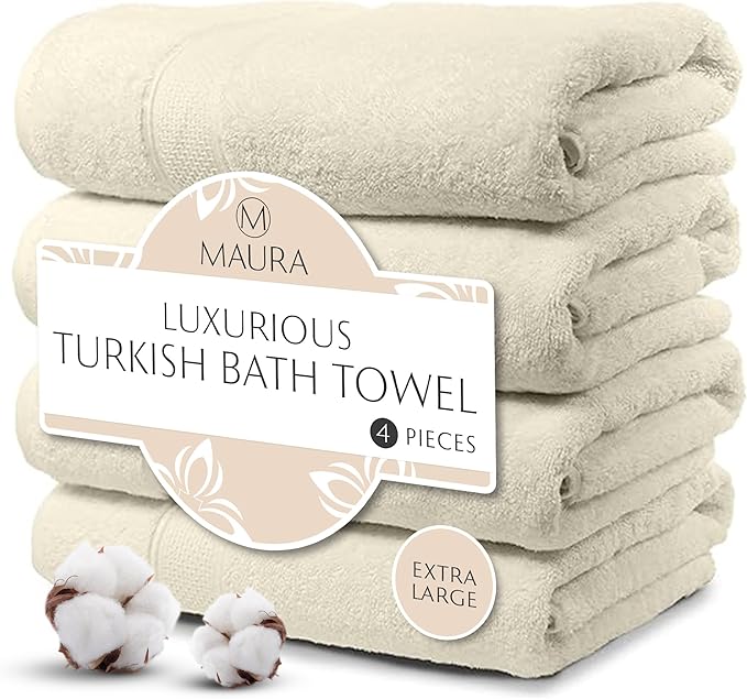 MAURA Ivory Extra Large Turkish Cotton Luxury Bath Towels Set of 4. Ultra-Soft, Thick & Plush Towels for Bathroom - Cream