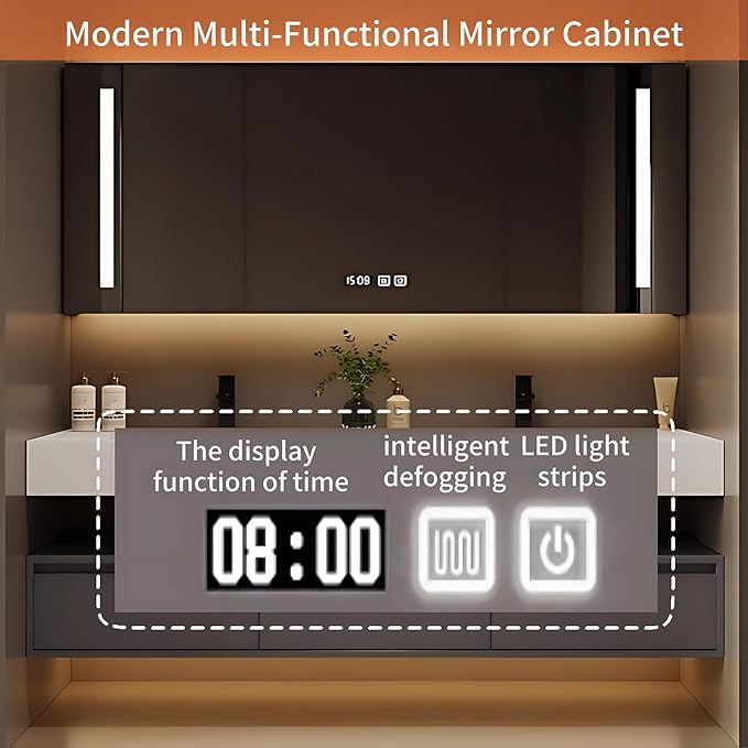 64IN Bathroom Vanity Double Sink - Double Sink Bathroom Vanity Set Include Smart Defogging Bathroom Mirror Cabinet with LED Light Strips, Abundant Storage Space with 3 Drawers (Mirror Cabinet)