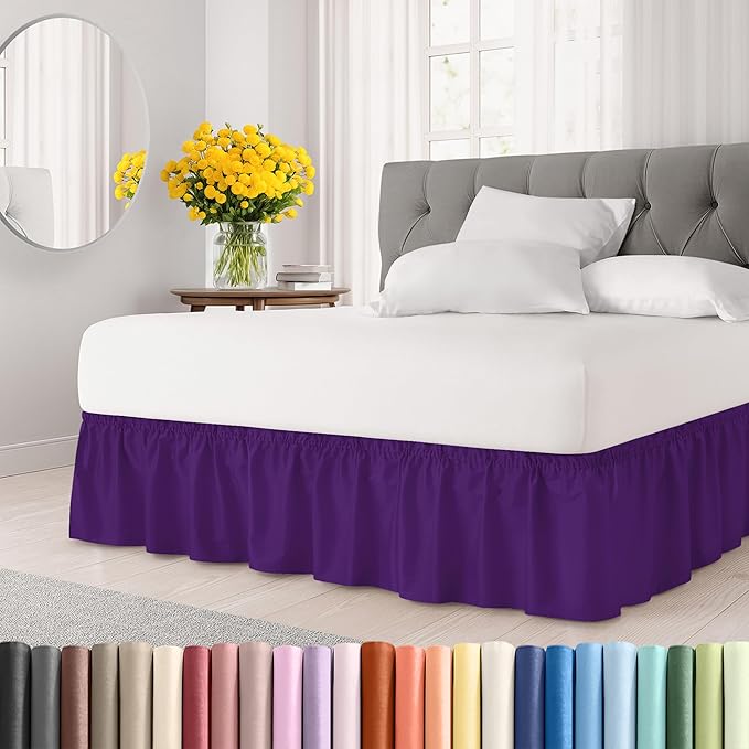 Wrap Around Dust Ruffle Bed Skirt - Purple - for Queen Size Beds with 21 Inch Drop - Easy Fit Elastic Strap - Adjustable Pleated Bedskirt w/Brushed Fabric Wrinkle Free - for Women, Men, Kids & Teens