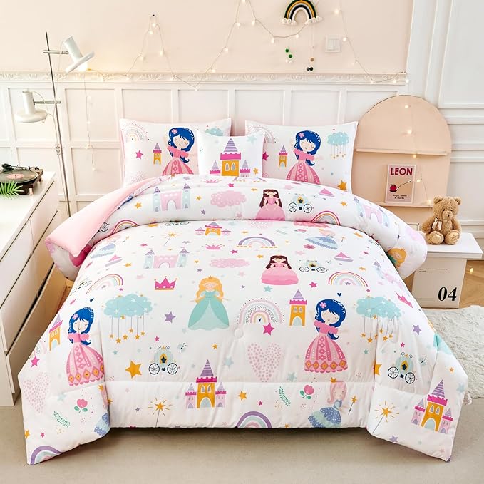 ANGIYUIN Princess Fairy Tales Full Comforter Set for Girls Cartoon Rainbow Love Kids Bed in A Bag with Sheets Cute and Soft Bedding Comforter Set for All Season(Princess, Rainbow, Castel, White)