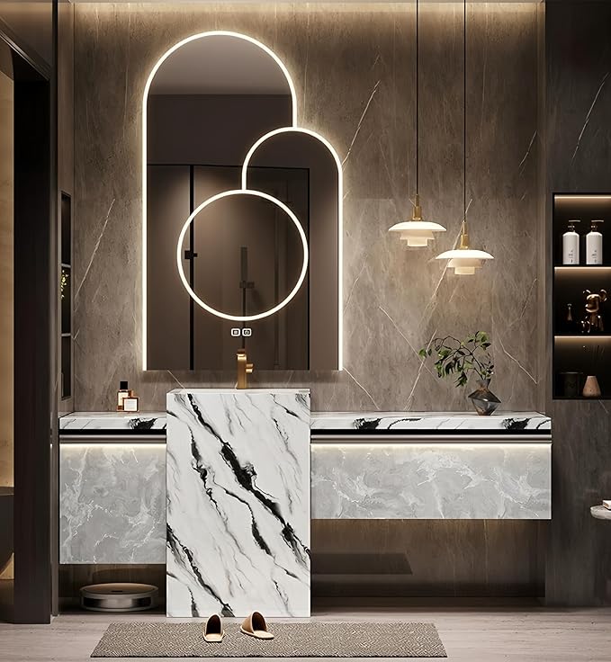 Single Sink Freestanding Bath Vanity, Modern Bath Vanity with LED Smart Mirror, 48IN Solid Wood Floating Bathroom Sink Cabinet with Marble Slate Top and Large Storage Drawer