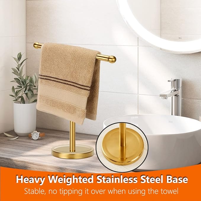 Gold Hand Towel Holder Stand with Heavy Stainless Steel Base, T-Shape Towel Rack, Free-Standing Towel Holder Countertop for Bathroom (Brushed Gold)
