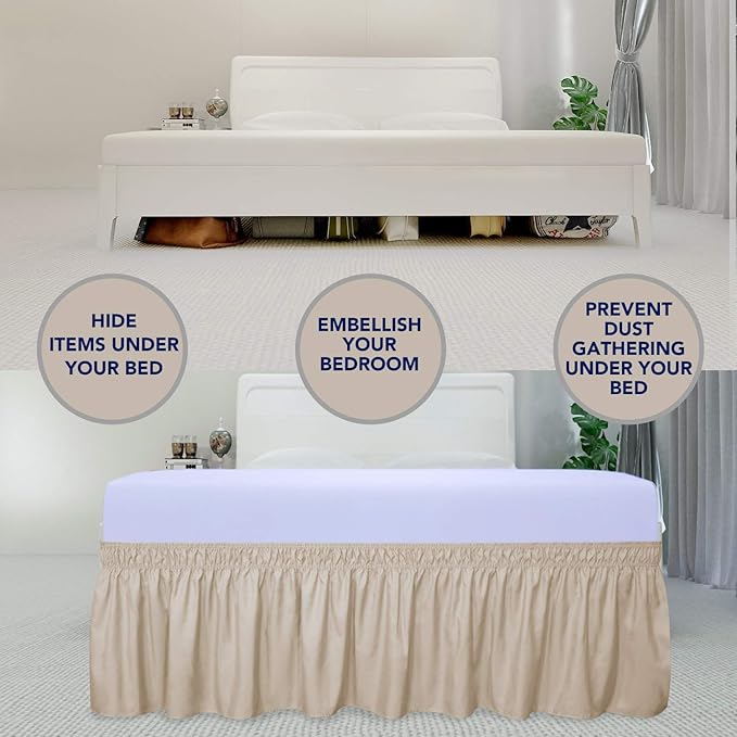 PureFit Wrap Around Ruffled Bed Skirt with Adjustable Elastic Belt - 22 Inch Drop Easy to Put On, Wrinkle Free Bedskirt Dust Ruffles, Bed Frame Cover for Queen, King and C-King Size Beds, Beige