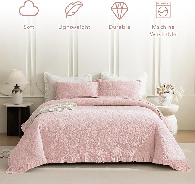 QSH 3PCs Stonewashed Cotton Quilt King (110"x98"), Blush Ruffled Quilt King Size Bedding Set,Ultra Lightweight Soft Crinkled Bedspread Coverlet King Shabby Farmhouse Chic Bedding for All Seasons