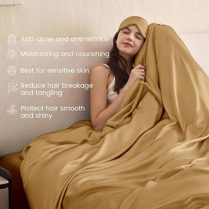 THXSILK 100% Pure Mulberry Silk Duvet Cover Set 3 Piece, 6A+ Grade Luxury Soft Bedding Silk Sheets for Hair and Skin, 1 Pcs Quilt/Comforter Cover with 2 Zippered Pillowcases (Metallic Gold, Cal. King)