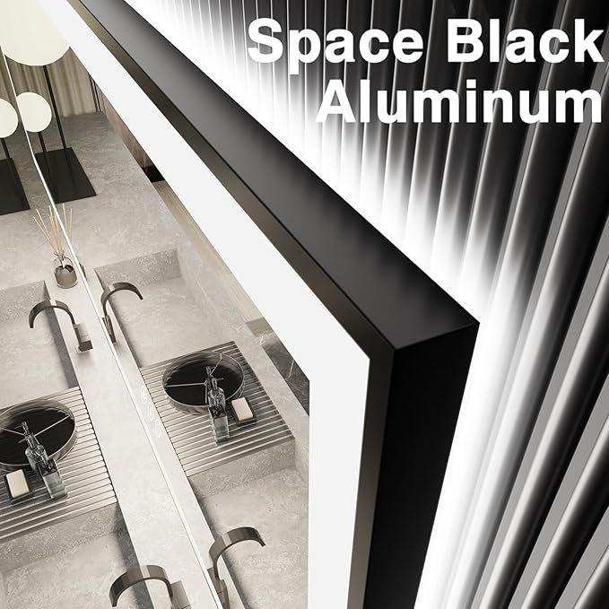 48x36 LED Bathroom Mirror, Modern Rectanglar Matte Black Frame, 3 Colors Changeable, Front and Backlit, Makeup Vanity Mirror with Lights, Anti-Fog, Shatter-Proof, Memory (Horizontal/Vertical)