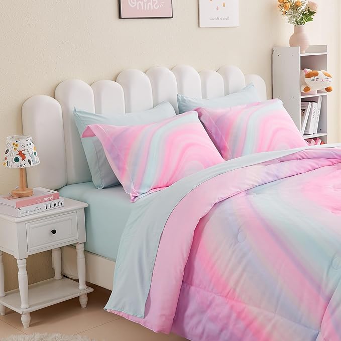 Wajade Girls Pink Comforter Set Bed in A Bag Twin Size 7 Piece 3D Colorful Tie Dye Pink Rainbow Bedding Set for Teens Girls (1 Comforter, 1 Flat Sheet, 1 Fitted Sheet, 2 Pillowcase and 2 Pillow Sham)