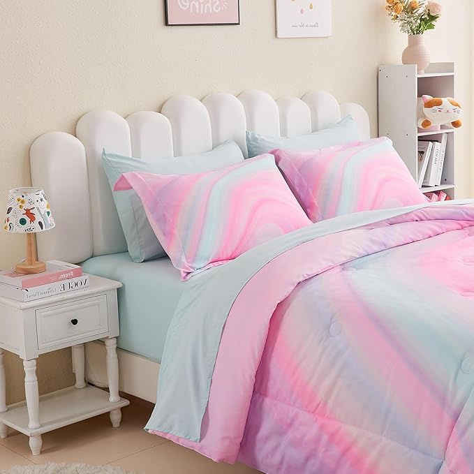 Wajade Girls Pink Comforter Set Bed in A Bag Full Size 7 Piece 3D Colorful Tie Dye Pink Rainbow Bedding Set for Teens Girls (1 Comforter, 1 Flat Sheet, 1 Fitted Sheet, 2 Pillowcase and 2 Pillow Sham)
