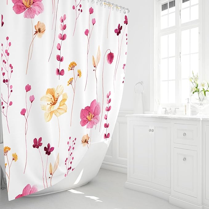 Gibelle Watercolor Floral Shower Curtain, Hot Pink Flower Shower Curtain for Bathroom, Modern Minimalist Waterproof Fabric Shower Curtain Set with Hooks 72x72 Inch