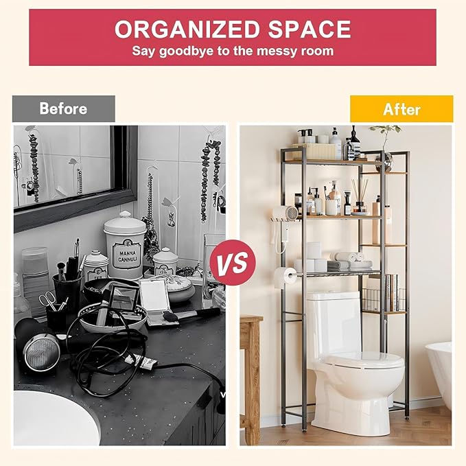 31.5" Wide Over Toilet Bathroom Organizer, Solid Wood Over The Toilet Storage With Paper Holder, Hooks, Side Shelf, Freestanding Bathroom Shelves Over Toilet for Laundry Room, Dorm Room, Balcony