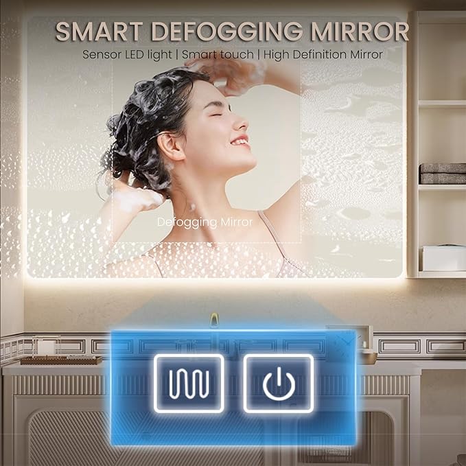 Floating Bathroom Vanity with Sink, Modern Bathroom Vanity with LED Smart Defogging Mirror Cabinet and Open Shelf, Bathroom Sink Cabinet with Striped Glass Door and Drawer Storage (Milk White,68IN)