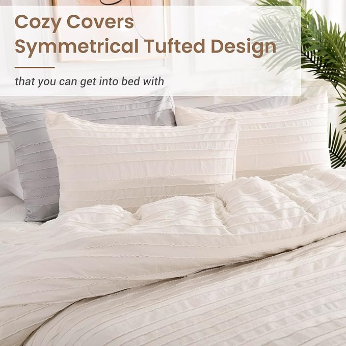 NEXHOME PRO Twin Duvet Cover, Light Khaki 2 Pieces Boho Tufted Twin Size Duvet Cover Set, Soft and Lightweight Microfiber Comforter Cover Set for All Season (Light Khaki, 66 x 90)-No Comforter