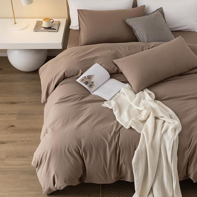JIYUAN 100% Washed Cotton Duvet Cover Set 3 Pieces Alaska King, 1 Duvet Cover 132x120 Inches(Comforter Not Included) and 2 Pillowcases,Linen Feel Bedding Set Comfy and Breathable,Light Brown