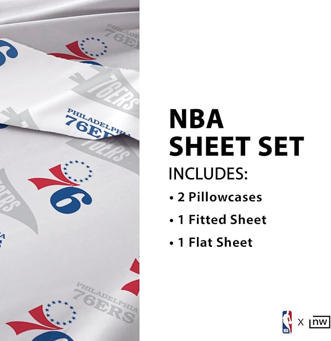 Northwest Officially Licensed Philadelphia 76ers NBA Queen Size Sheet Set – Soft Team Logo Bedding for Dorms, Bedrooms, Fan Caves & Game Day Style