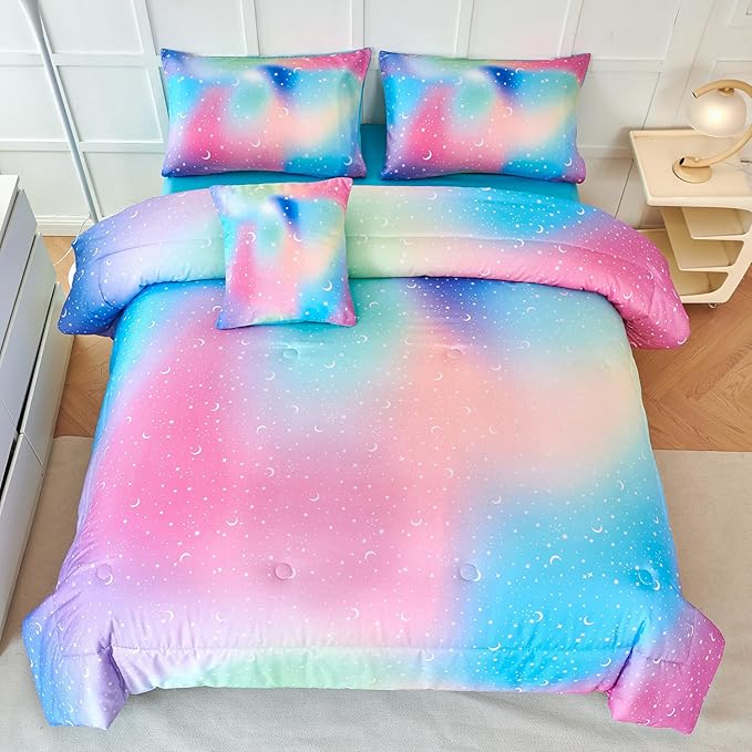 URBONUR Rainbow Comforter Set Queen for Girls 6 Pieces Bed in A Bag for Teen Girl Women Soft Microfiber Tie Dye Kids Bedding Set