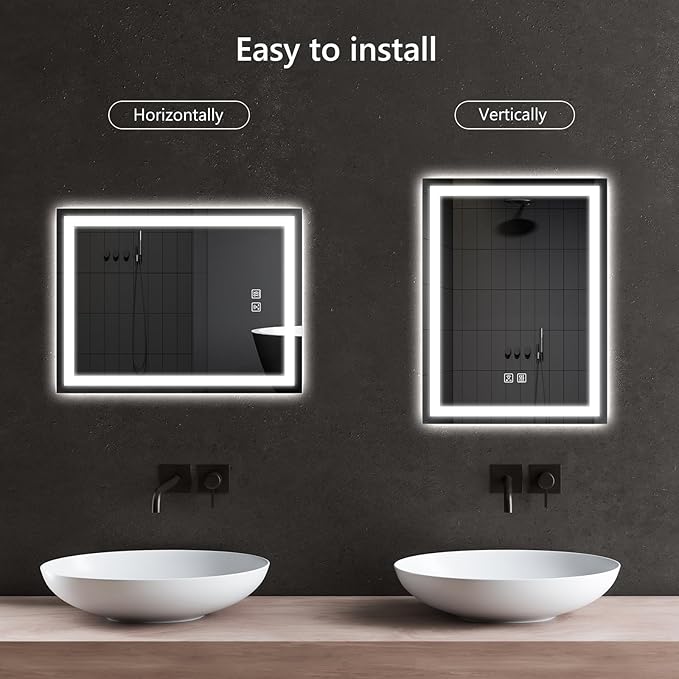 APRILSOUL 24x30 Inch LED Bathroom Mirror with Front and Backlit, Makeup Mirror with 3 Color Lights, Memory Function, Anti-Fog and Dimmable Light (Horizontal)