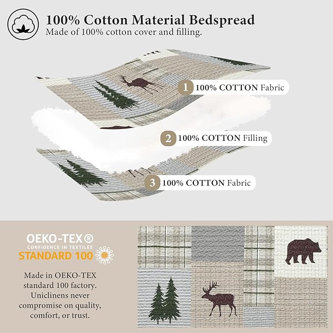 Uniclinens Quilt Set King Size, 100% Cotton Quilted Quilt Bedding Set Bedspread, Bear Tree Elk Farmhouse Rustic Quilt, Patchwork Plaid Comforter Set, 3 Pieces Set with 2 Pillowshams, Brown/Grey/Green