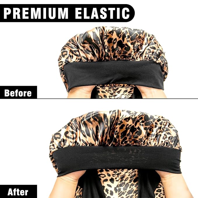 3Pcs Bonnets for Black Women Braids, Long Satin Bonnet with Stretchy Tie Band Sleep Cap for Long Hair (Purple & Leopard & Flower)