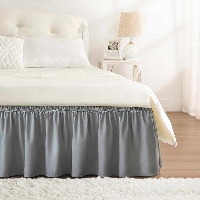 RIMELA Light Grey Bed Skirt Queen Size 16 Inch Drop, Elastic Bed Skirting for Bed Base and Frame, Bedding Dust Ruffle Easy to Install, Lightweight Comforter Set with Wrap Around Adjustable Bedskirt