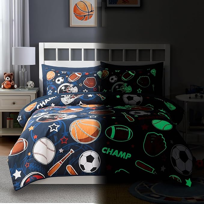 Full Size Comforter Set for Boys-7 Pieces Sports Ball Games Glow in The Dark Full Bedding Sets for Kids, Ultra Soft Bed in A Bag with Sheets