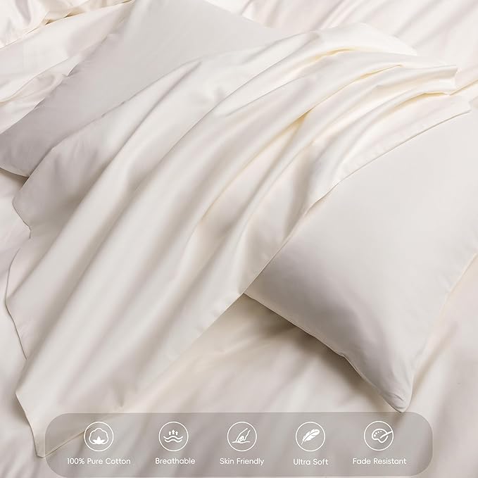 MooMee Duvet Cover Set 100% Extra Long Staple Cotton 600 Thread Count Silky Sateen Smooth Luxury Soft Breathable Durable Hotel Quality Bedding, 3 Pieces (Creamy White, Oversized Queen 98"x98")